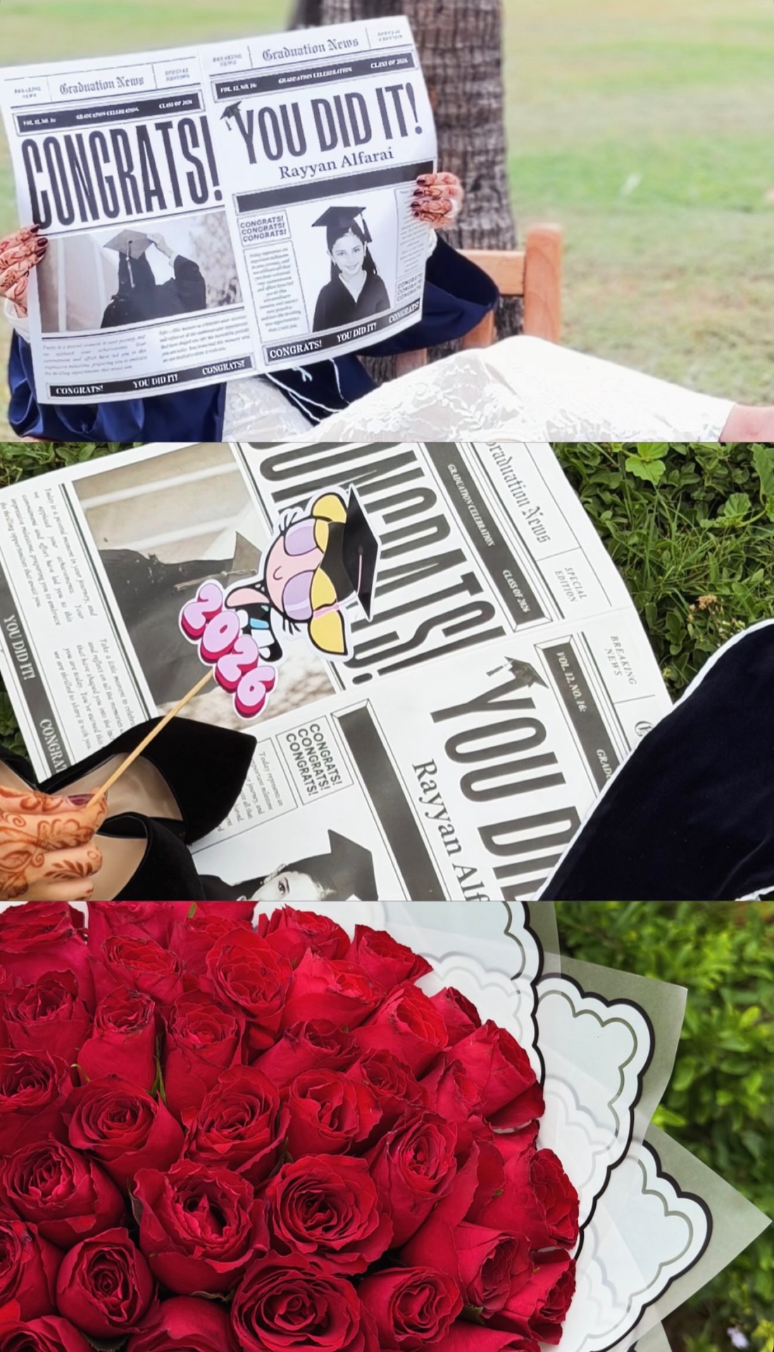 Graduation newspaper props and a bouquet of red roses