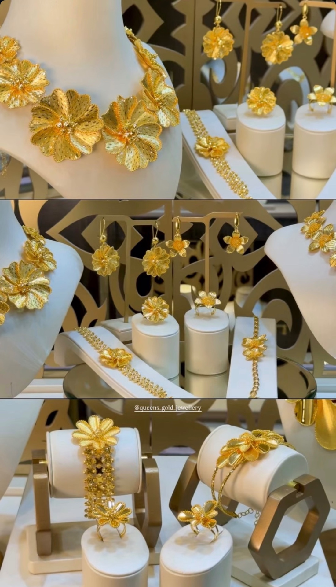 Gold flower jewellery collection on ivory display stands