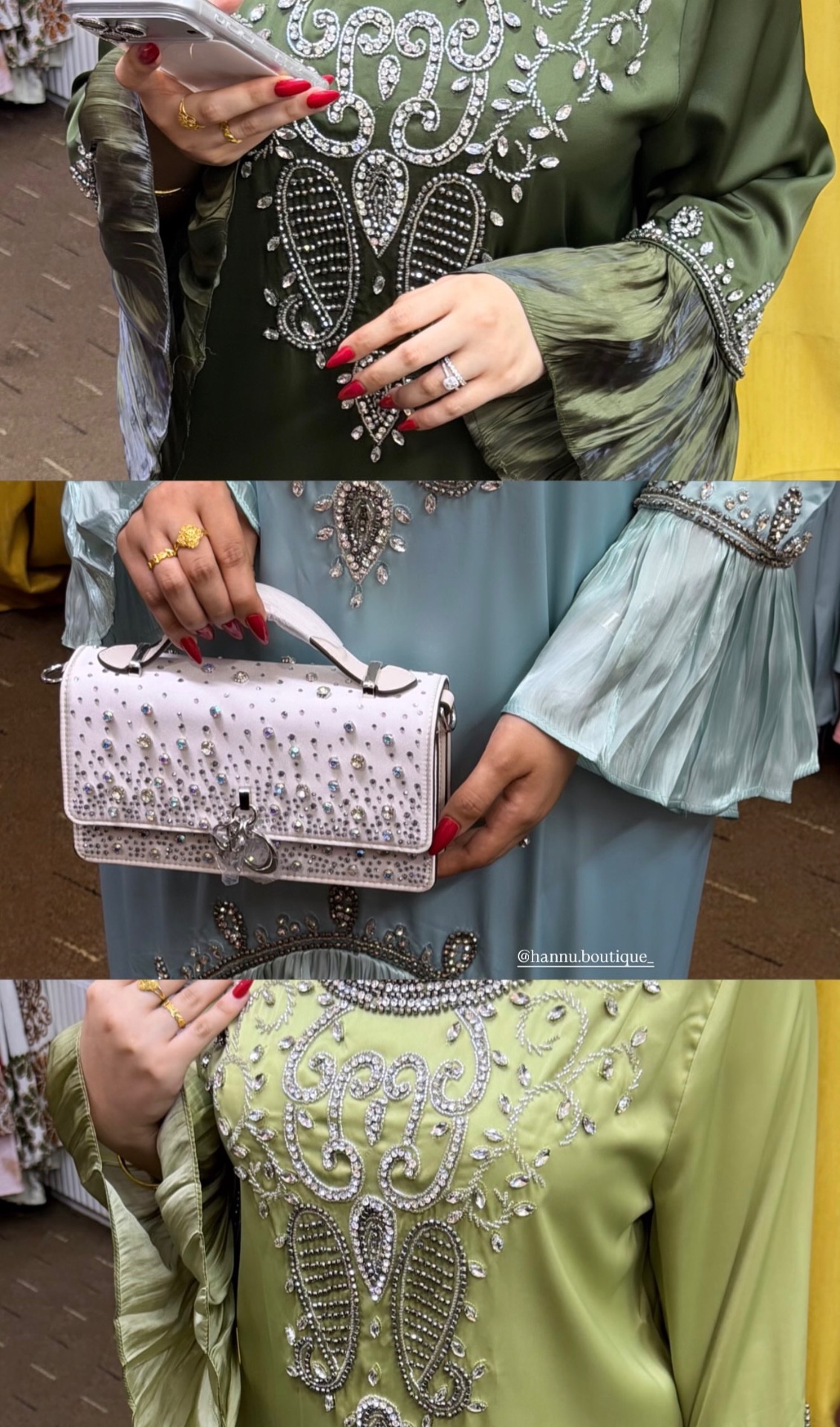 Embellished green and blue kaftans with a crystal handbag