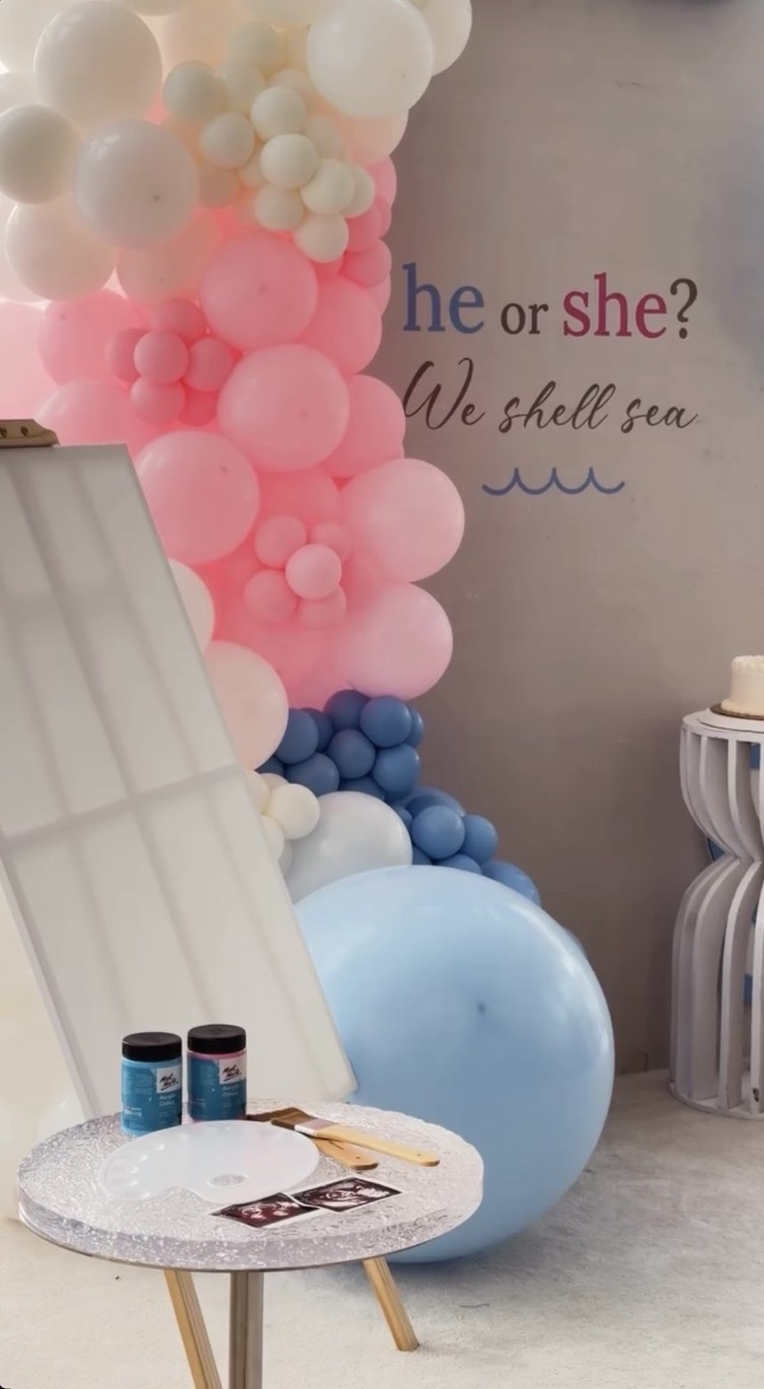 Gender reveal setup with pink, white and blue balloons, a blank canvas and paints