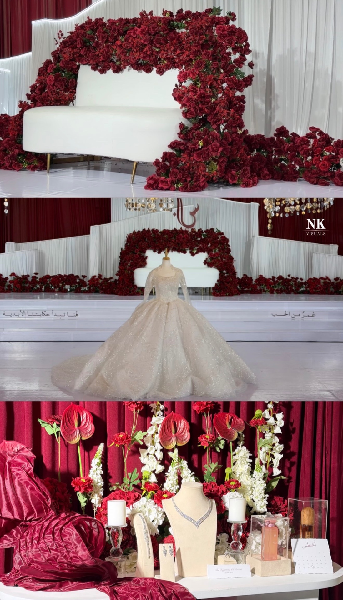 Red rose wedding stage, bridal gown on display and jewellery table